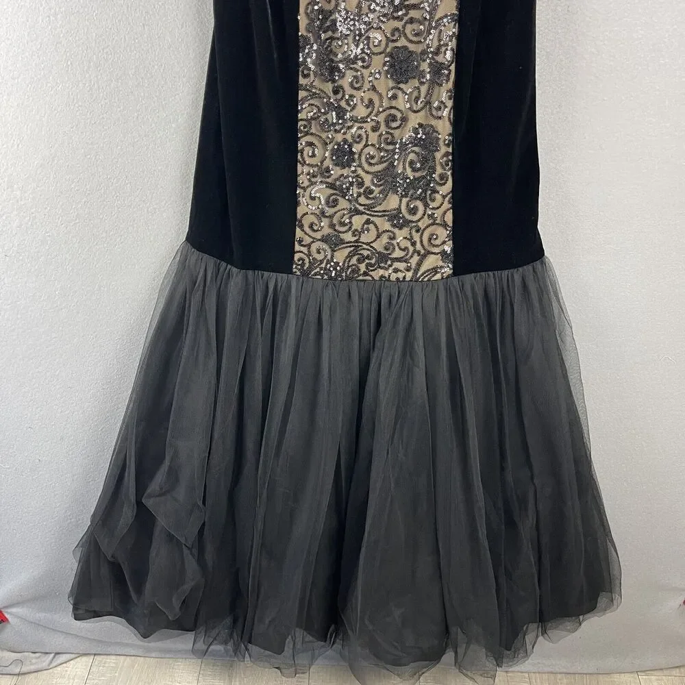 Alex Evenings Formal Dress Women 12 Black Sequin Velvet Mermaid Witchy Glam Goth